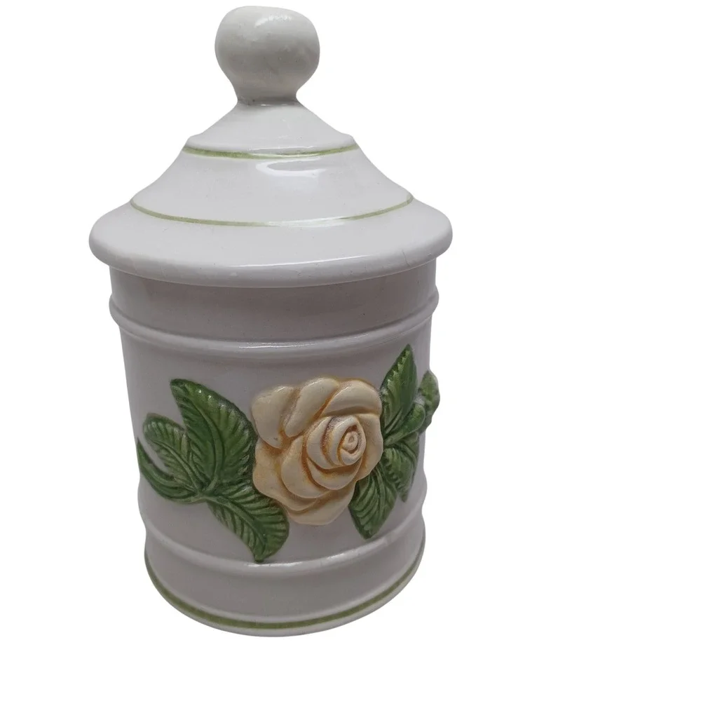 Vintage Made in Italy Ceramic Canister Yellow Rose 3D Relief Floral Lidded Jar